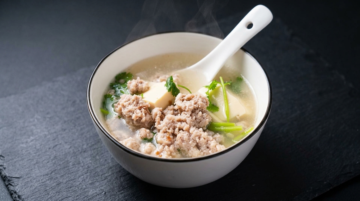 Kojąca zupa z solonymi śliwkami, tofu i wieprzowiną