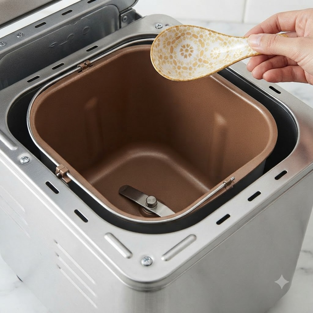 Ceramiczna łyżka trzymająca składniki nad wewnętrznym pojemnikiem wypiekacza do chleba.