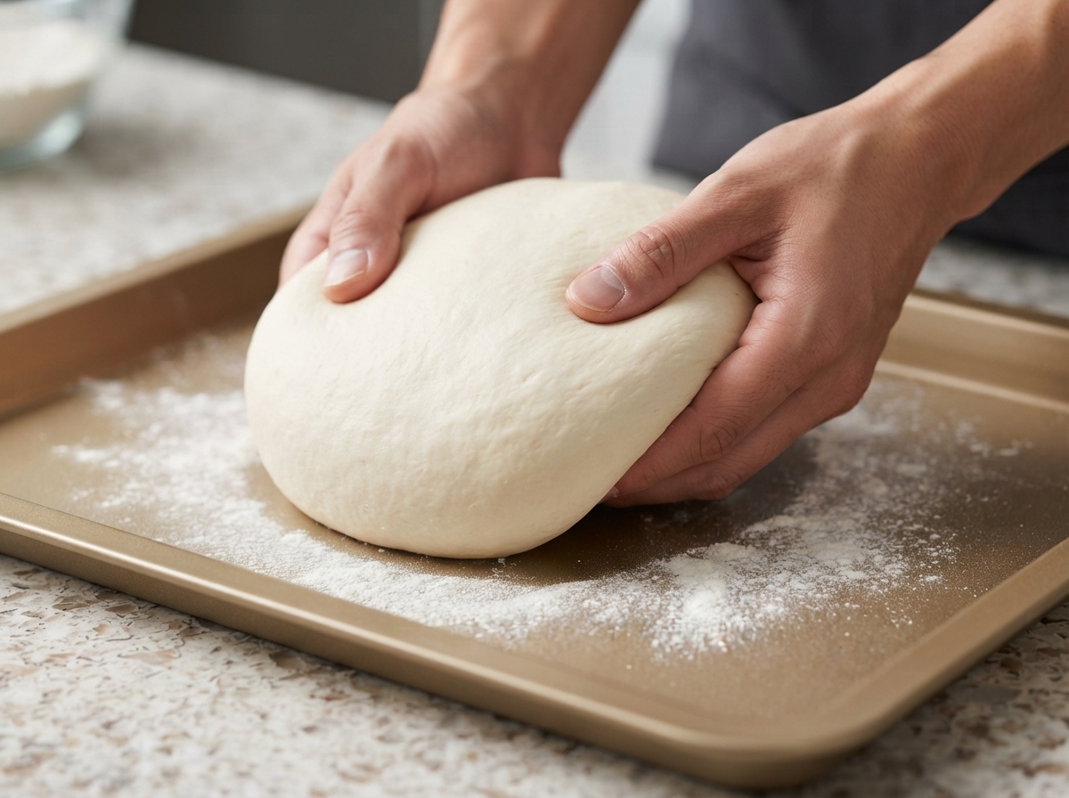 Ręce rozciągające gładką kulę białego ciasta nad lekko oprószoną mąką złotą blachą do pieczenia.