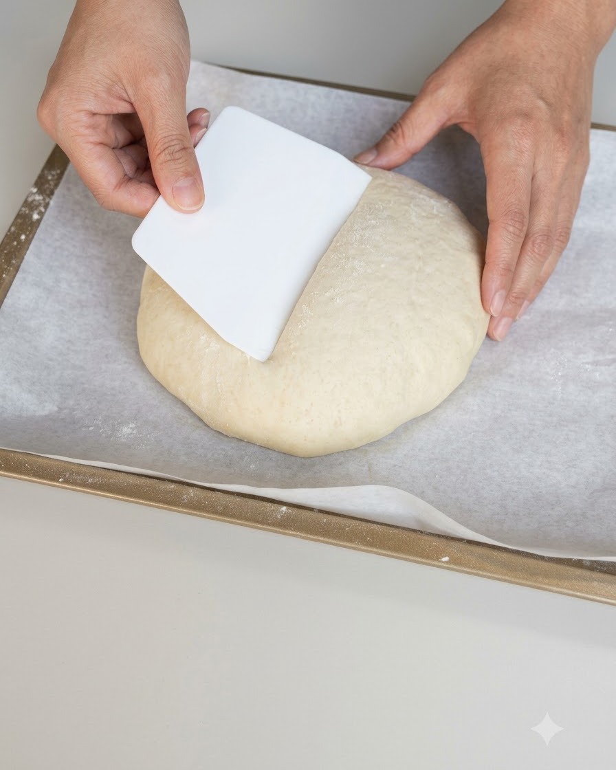 Ręce używające białego plastikowego skrobaka do formowania kopca ciasta na papierze do pieczenia.