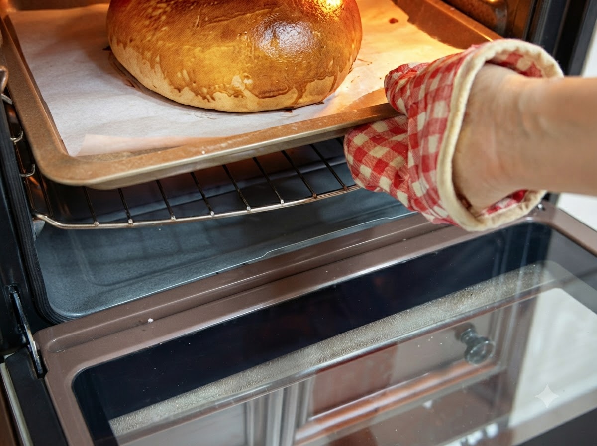 Złocistobrązowa, upieczona gigantyczna bułka do burgera na blasze do pieczenia wyciągana z piekarnika.