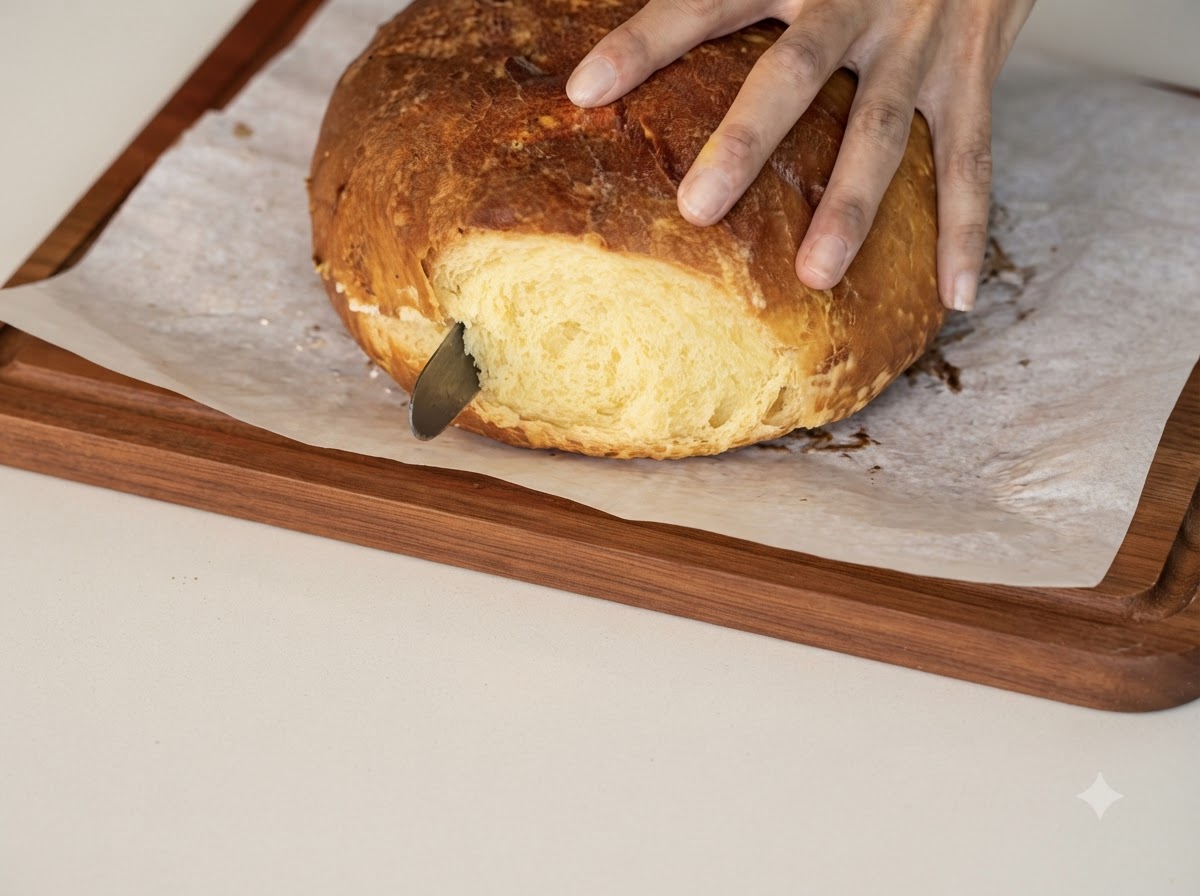 Ręka trzymająca nóż do chleba krojąca poziomo dużą okrągłą upieczoną bułkę na papierze do pieczenia.