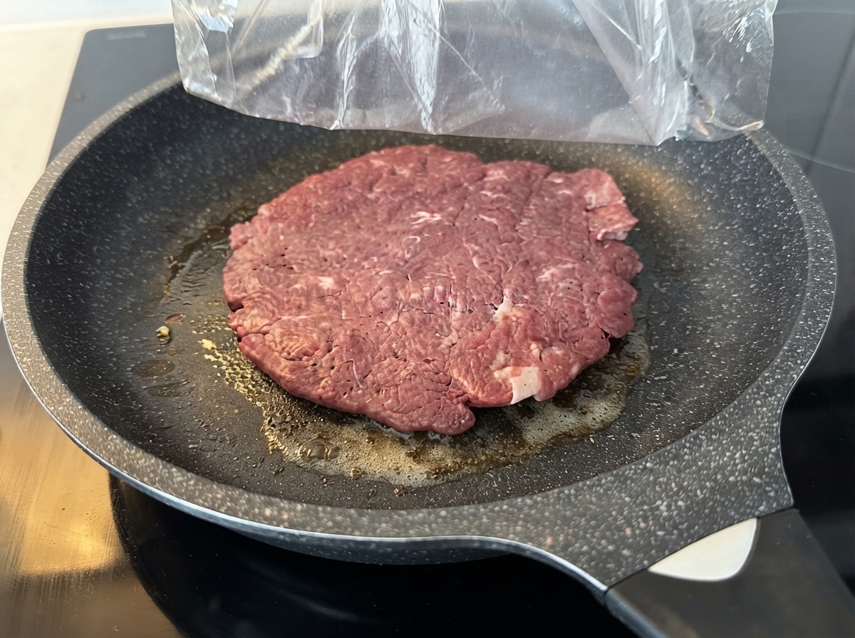 Duży surowy kotlet wołowy smażący się na natłuszczonej patelni nieprzywierającej na kuchence.