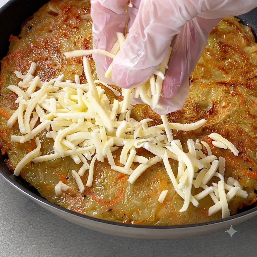 Posypywanie gorącego placka ziemniaczanego tartą mozzarellą na patelni.