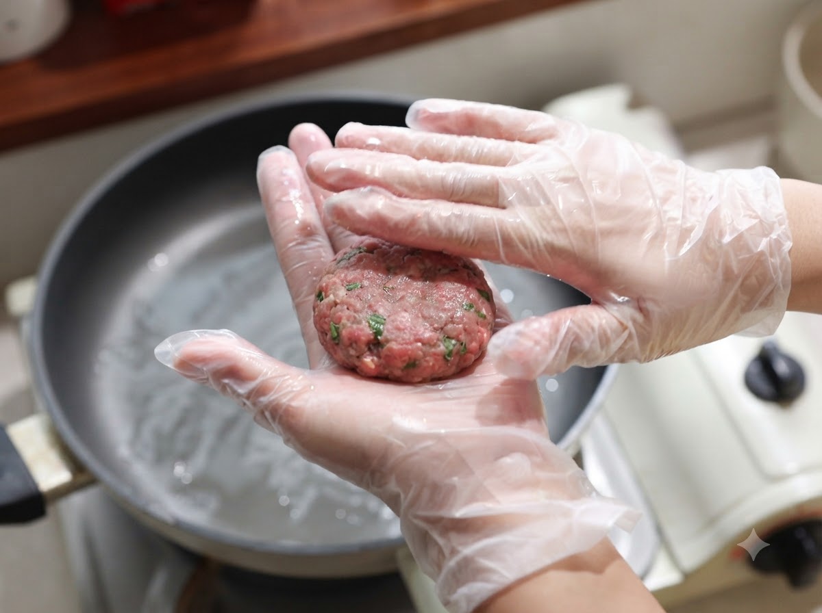 Porcja masy mięsnej formowana w mały, okrągły kotlet na ręce w rękawiczce.