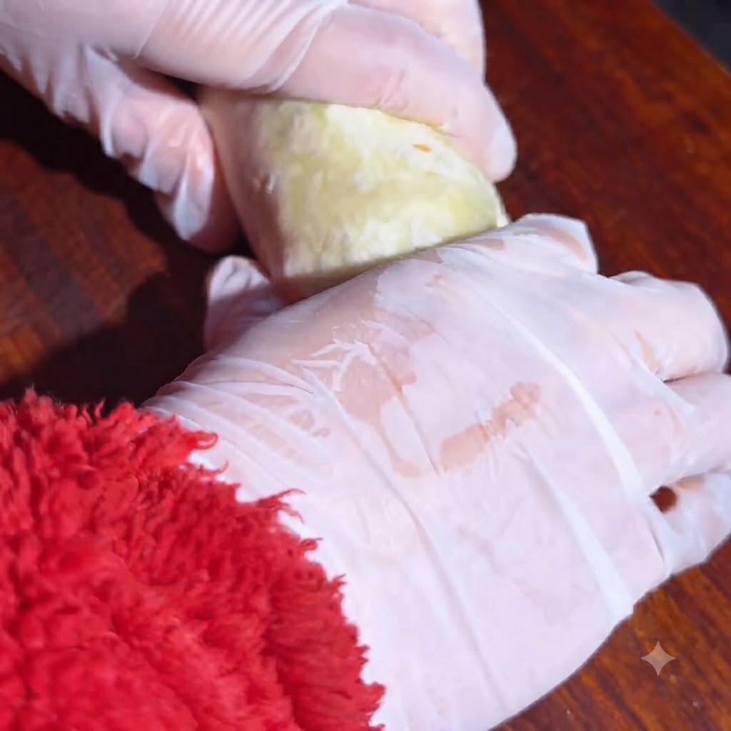 Ręce w rękawiczkach ochronnych delikatnie formujące i trzymające zwinięty wrap.