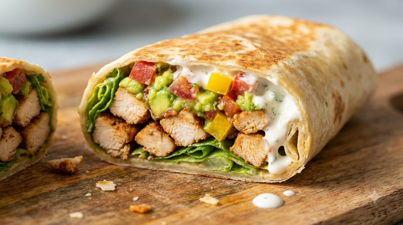 Zdrowe meksykańskie burrito z kurczakiem i salsą z awokado