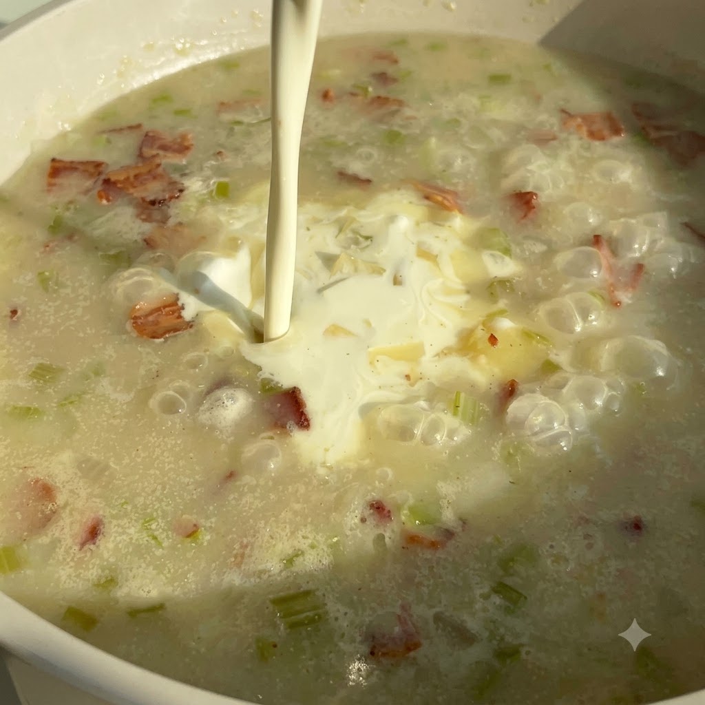 Świeża śmietanka wlewana do bulgoczącej zupy chowder z boczkiem i warzywami.