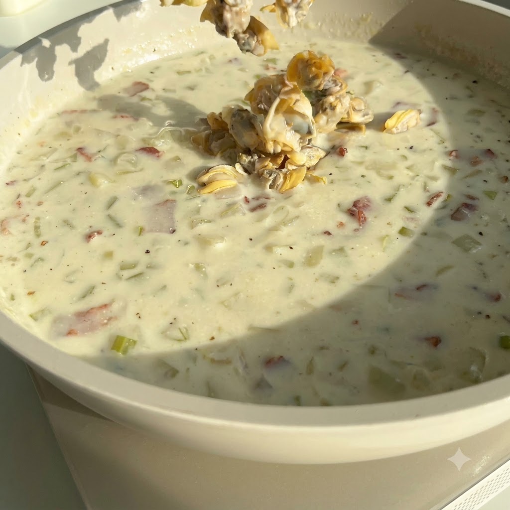 Świeżo obrane mięso małży wrzucane do dużego garnka z kremową, białą zupą chowder.