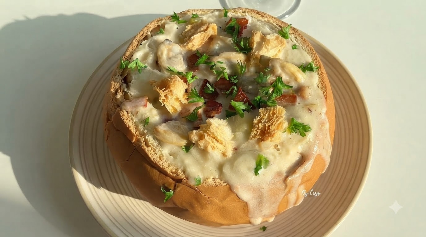 Klasyczna Amerykańska Zupa Clam Chowder w Chlebie