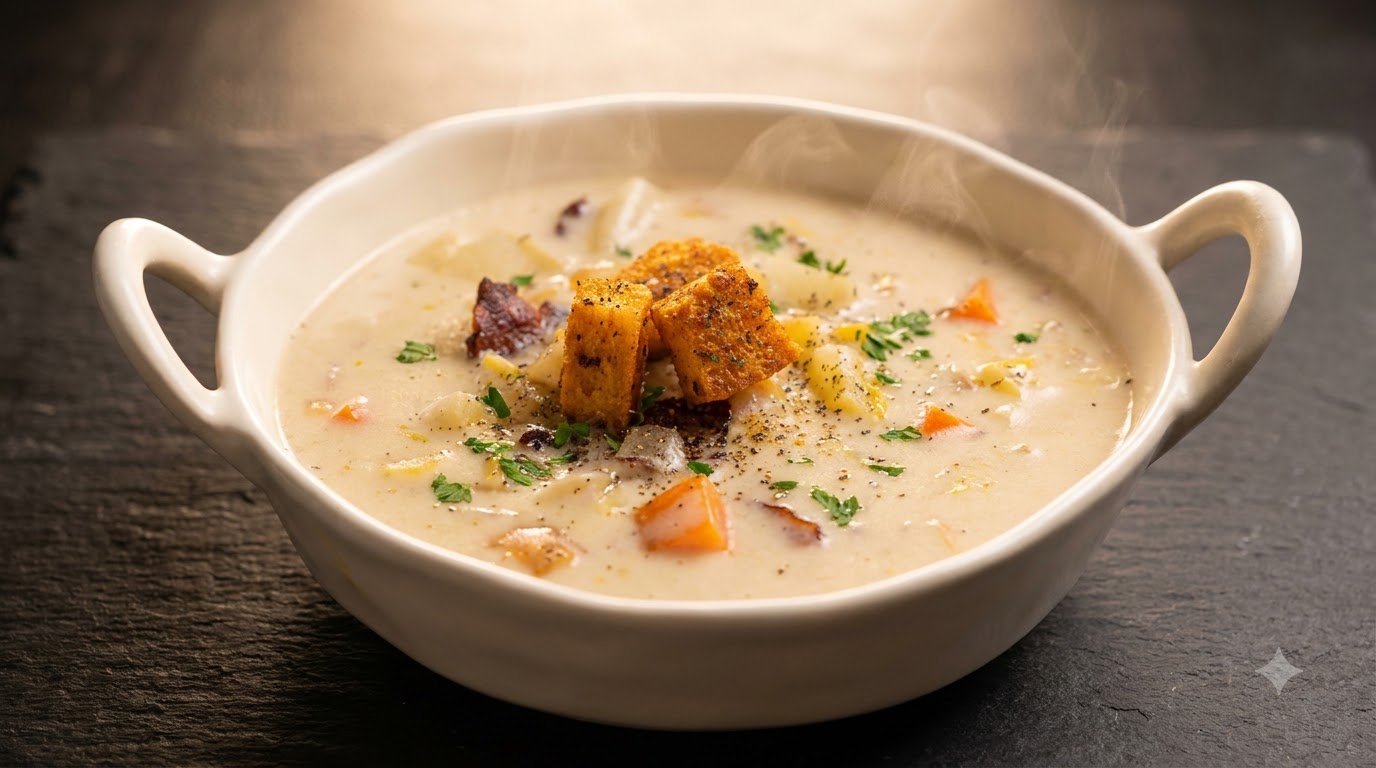 Kremowa domowa zupa chowder z małżami, boczkiem i krewetkami