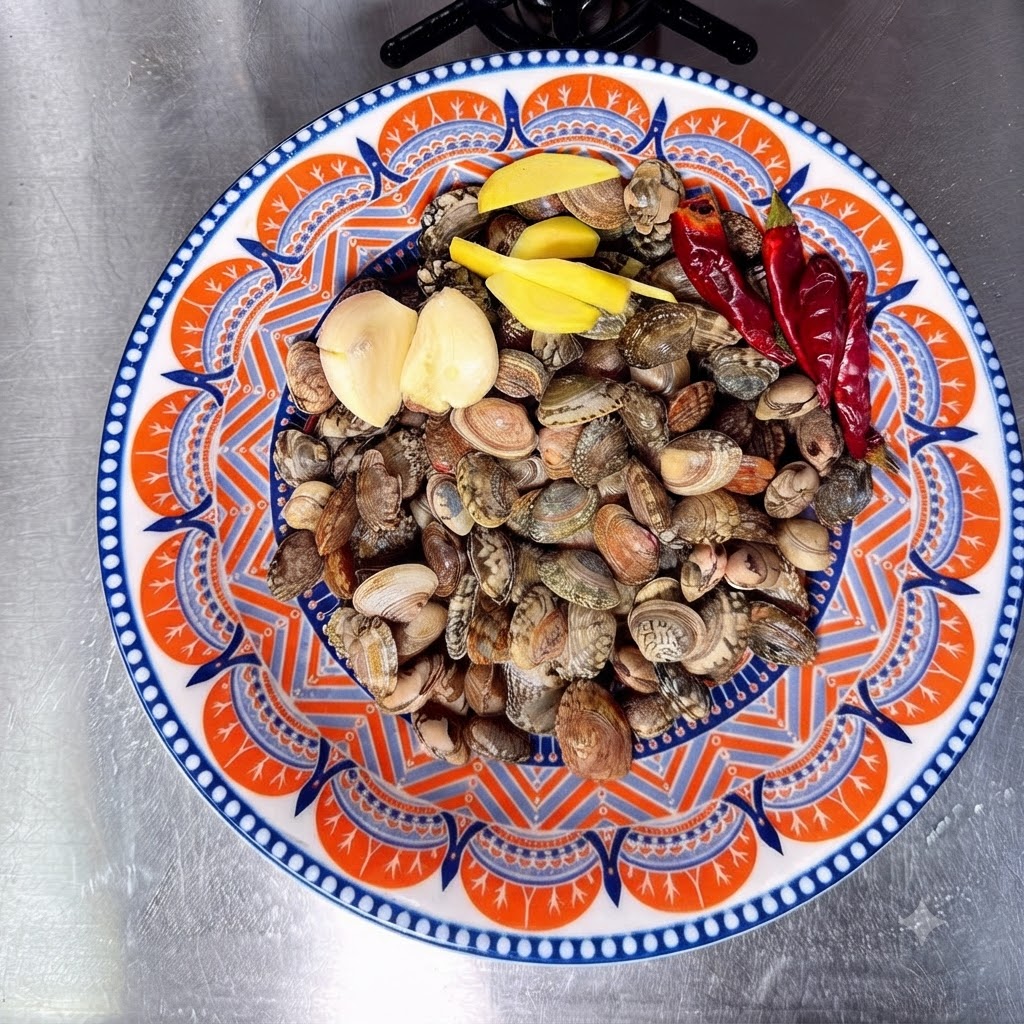 Oczyszczone małże, plastry imbiru, ząbki czosnku i całe suszone papryczki chili ułożone na kolorowym, wzorzystym talerzu.