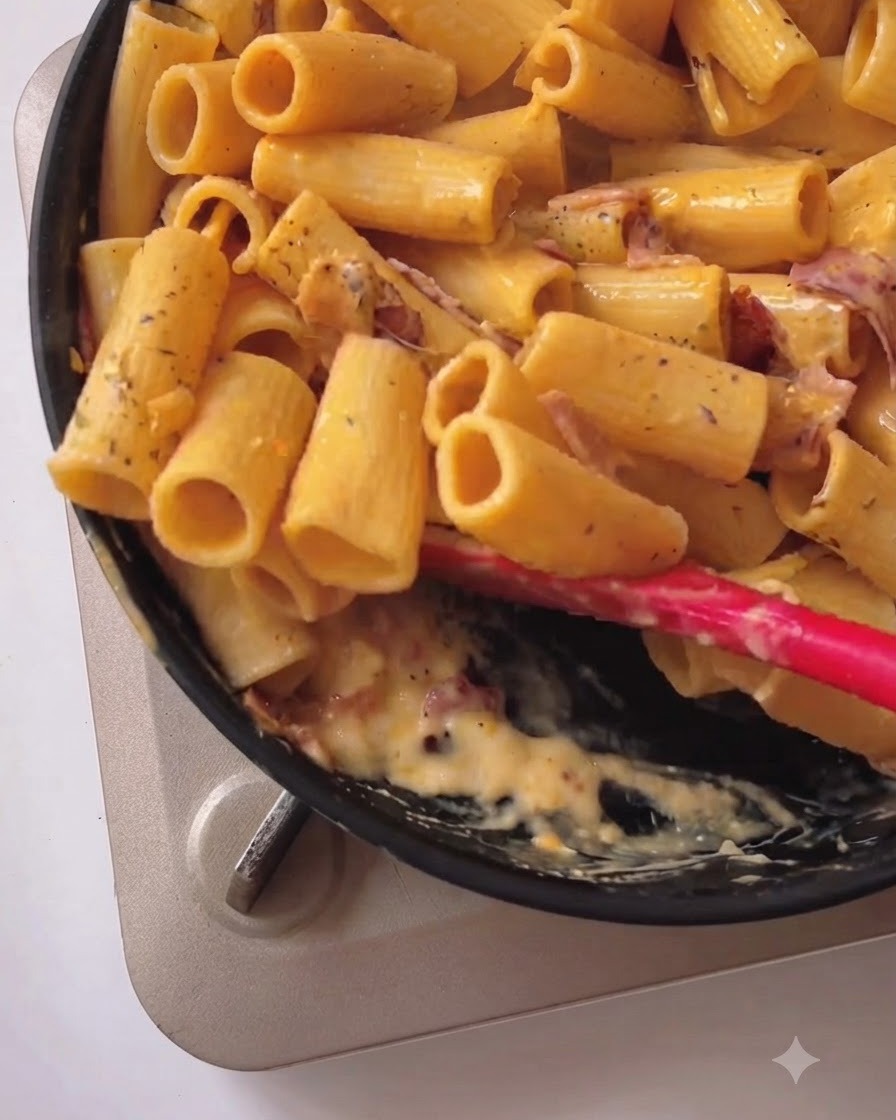 Makaron rigatoni mieszany i oblepiany kremowym, żółtym sosem oraz boczkiem na czarnej patelni za pomocą czerwonej silikonowej łopatki.