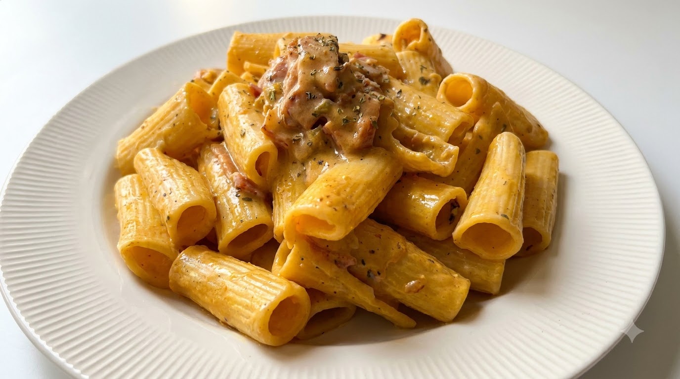 Kremowe rigatoni z żółtkami jaj solonych w stylu carbonara