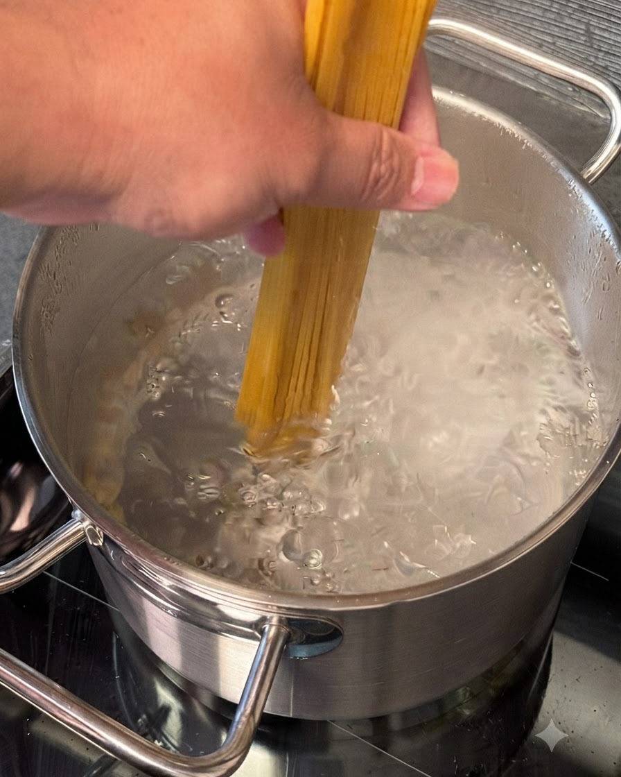 Garść grubego makaronu spaghetti zanurzana w garnku z gotującą się wodą.