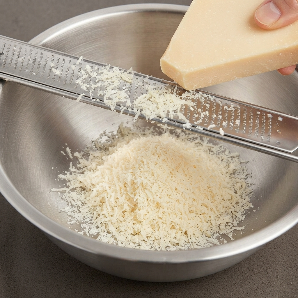 Parmezan ścierany na metalowej tarce prosto do miski do mieszania.