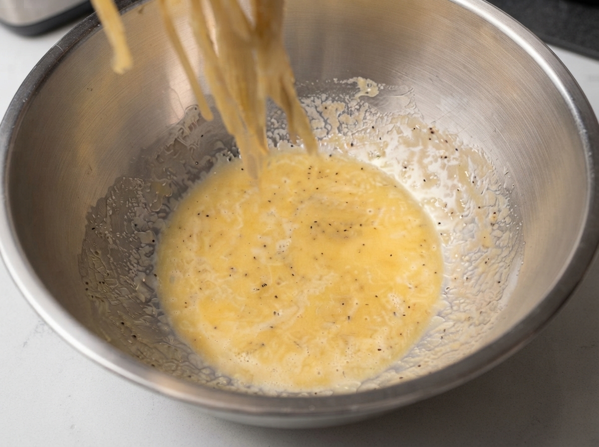 Gorące nitki spaghetti przekładane z patelni prosto do miski z przygotowanym sosem serowo-jajecznym.