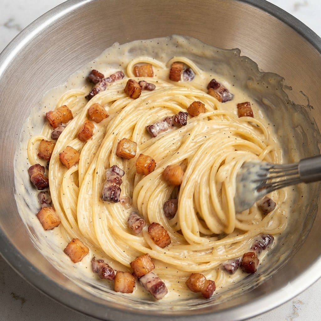 Spaghetti wymieszane z chrupiącym boczkiem intensywnie mieszane trzepaczką w metalowej misce w celu uzyskania kremowej konsystencji.