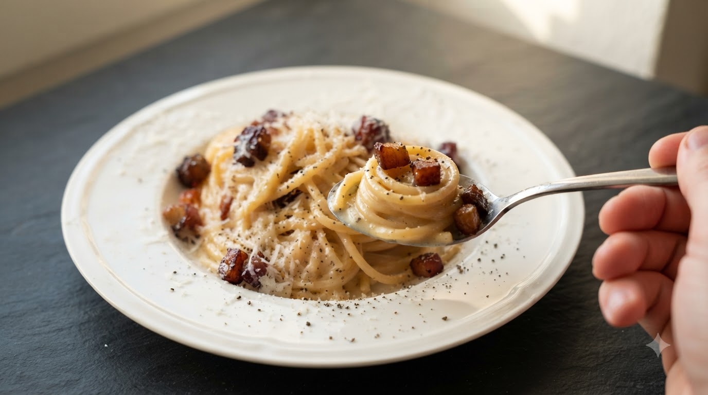 Talerz kremowego spaghetti carbonara z chrupiącymi kawałkami wędliny, posypany startym parmezanem i świeżo zmielonym czarnym pieprzem.