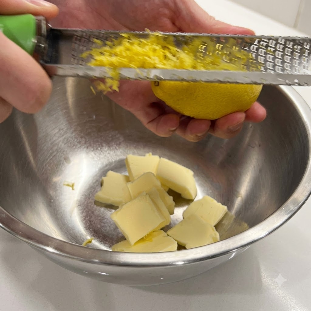Dłoń używająca drobnej tarki do starcia świeżej cytryny nad metalową miską wypełnioną pokrojonym w kostkę masłem.