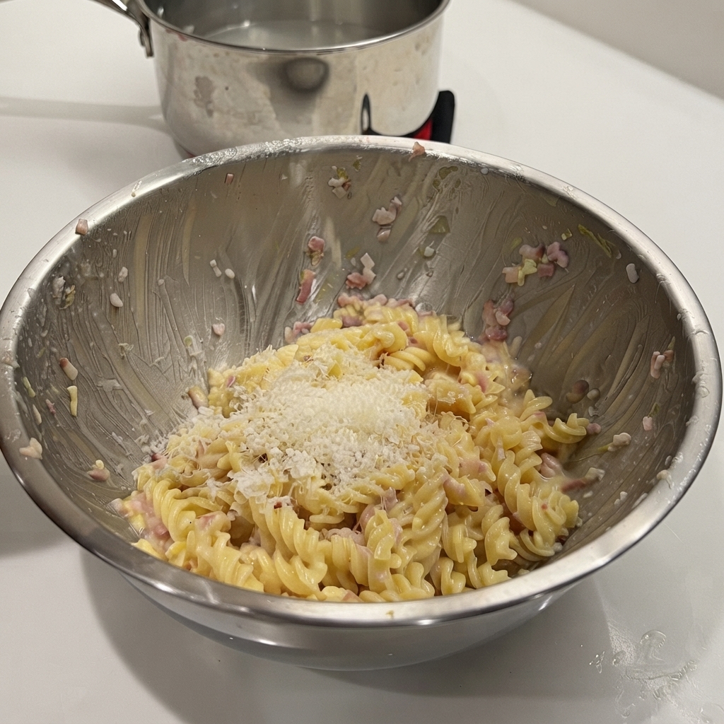 Świeżo stary ser parmezan usypany na wierzchu makaronu w metalowej misce.