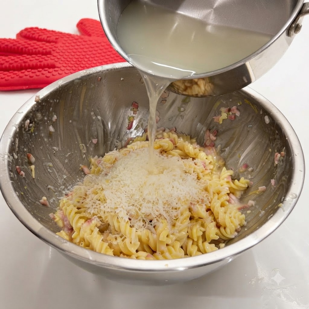 Wlewanie gorącej wody z makaronu nad świeżo startym parmezanem na makaronie.