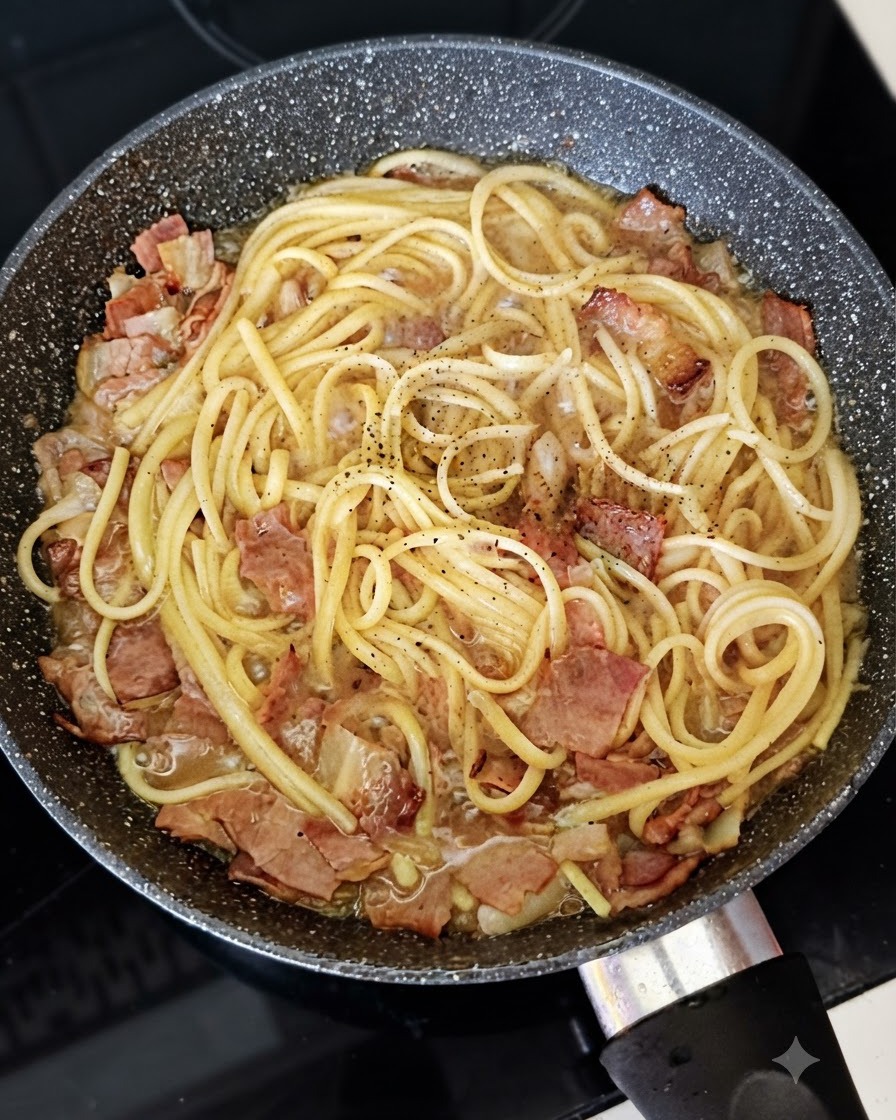 Czarny pieprz świeżo mielony nad spaghetti, boczkiem i cebulą duszącymi się na patelni.