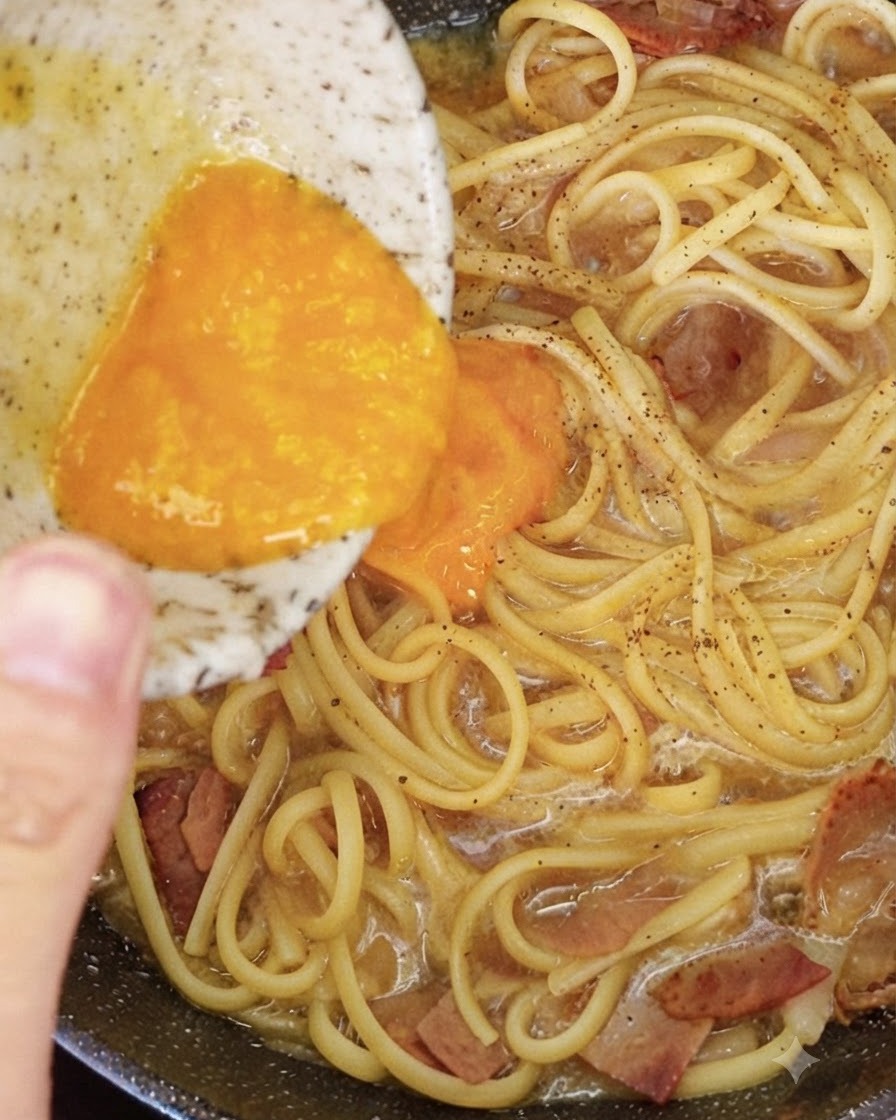 Miska zawierająca żółty ser i mieszaninę żółtek jaj wlewana na ciepłe spaghetti i boczek na patelni.