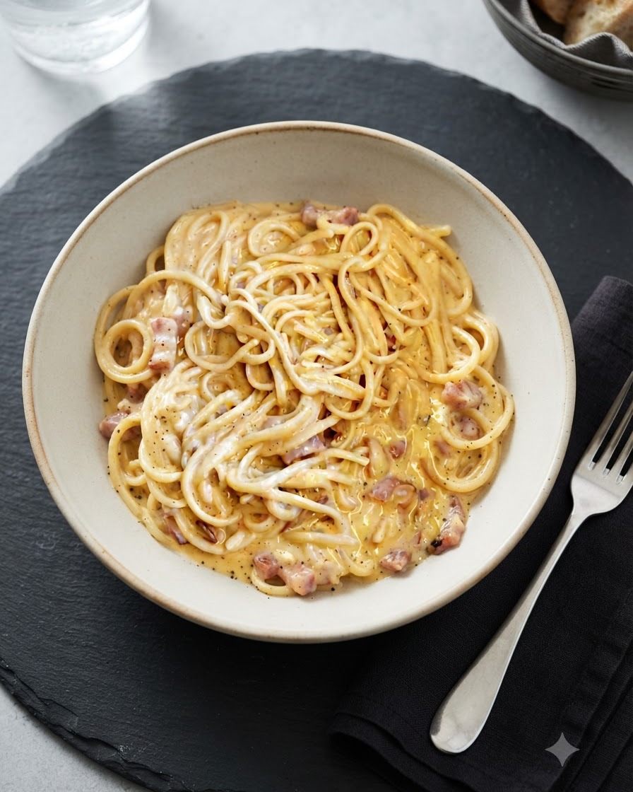 Kremowy makaron carbonara w szerokiej ceramicznej misce umieszczonej na ciemnej kamiennej desce z widelcem na serwecie.