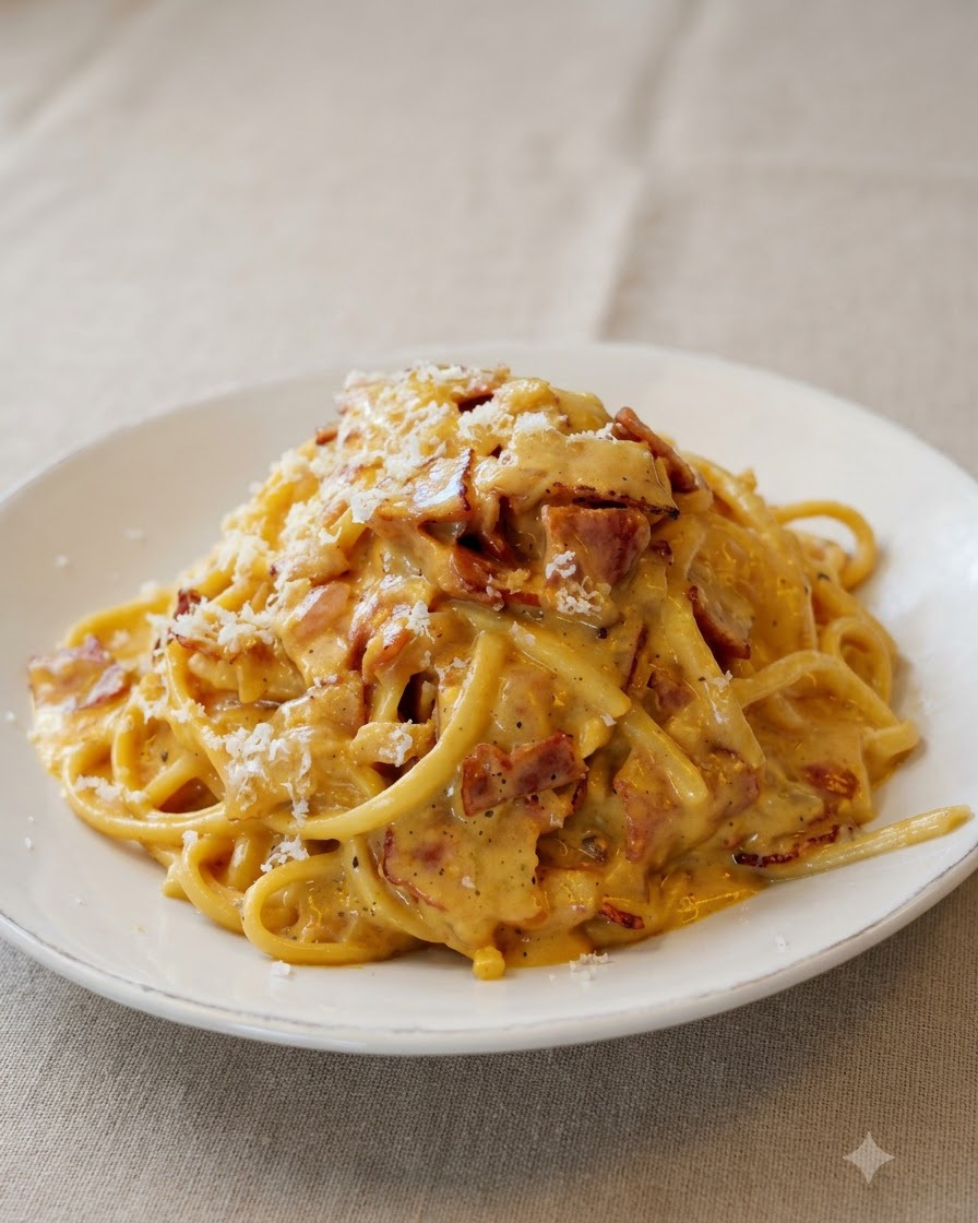 Świeży twardy ser starty na kopiec kremowego makaronu carbonara na białym talerzu.