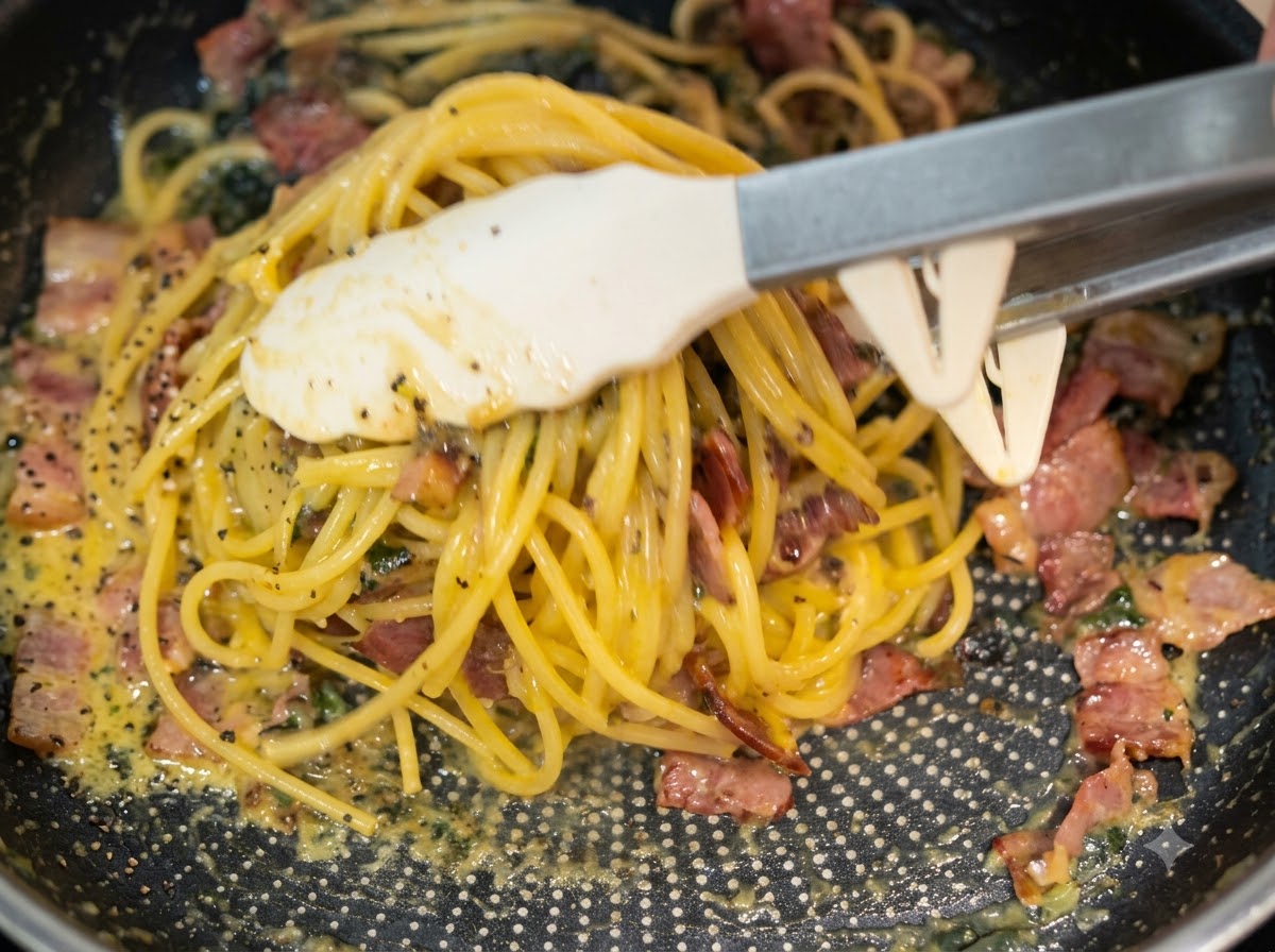 Szczypce kuchenne energicznie mieszające spaghetti, boczek i kremowy sos na patelni nieprzywierającej.