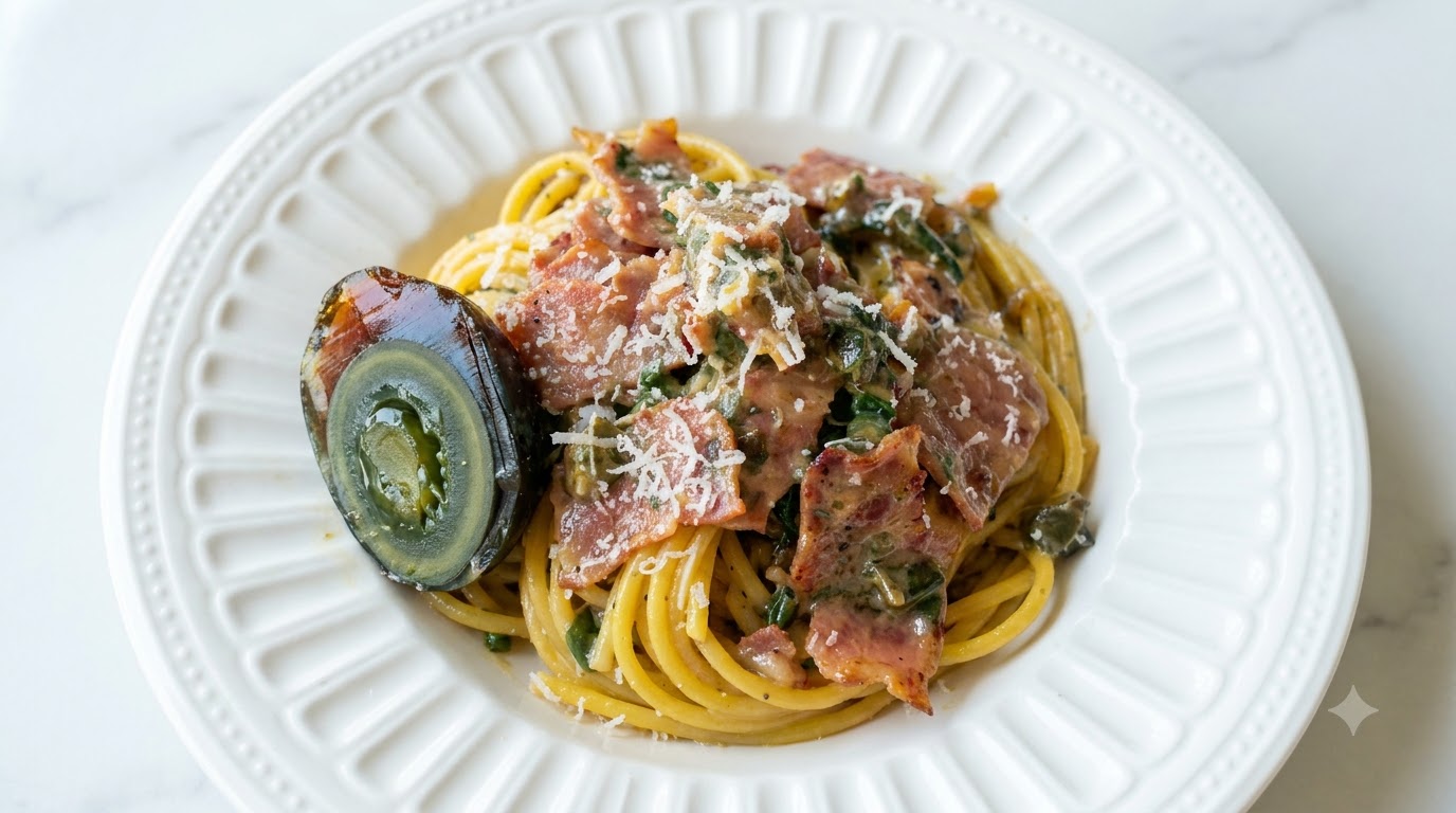 Makaron z jajkiem wiekowym i boczkiem (Fuzja Carbonara)