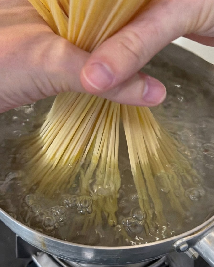 Surowy makaron spaghetti trzymany i wkładany do bulgoczącego garnka z wrzącą wodą.
