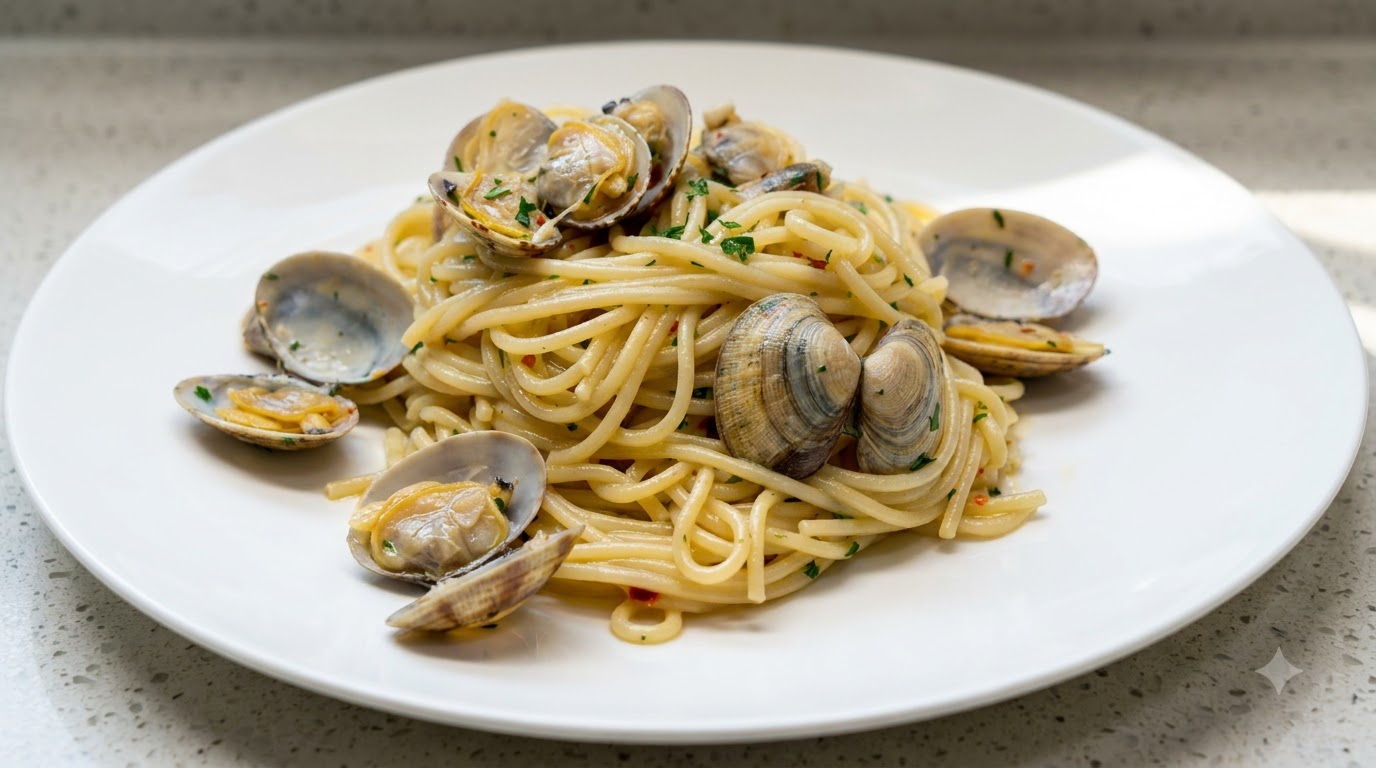 Biały talerz spaghetti wymieszany ze świeżymi małżami, oliwą z oliwek, sosem z białego wina i pietruszką.