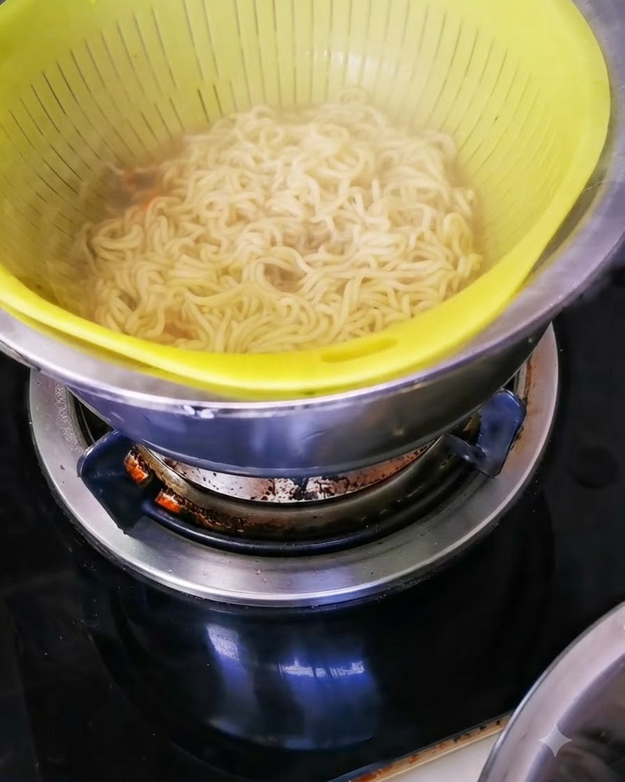 Ugotowane spaghetti spoczywające w żółtym durszlaku umieszczonym nad metalową miską.