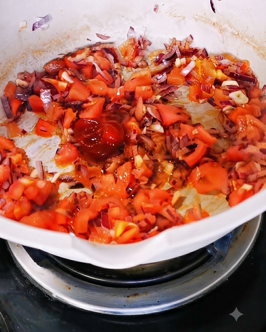 Porcja bogatego koncentratu pomidorowego dodawana do mieszanki pomidorów i cebuli na białej patelni.