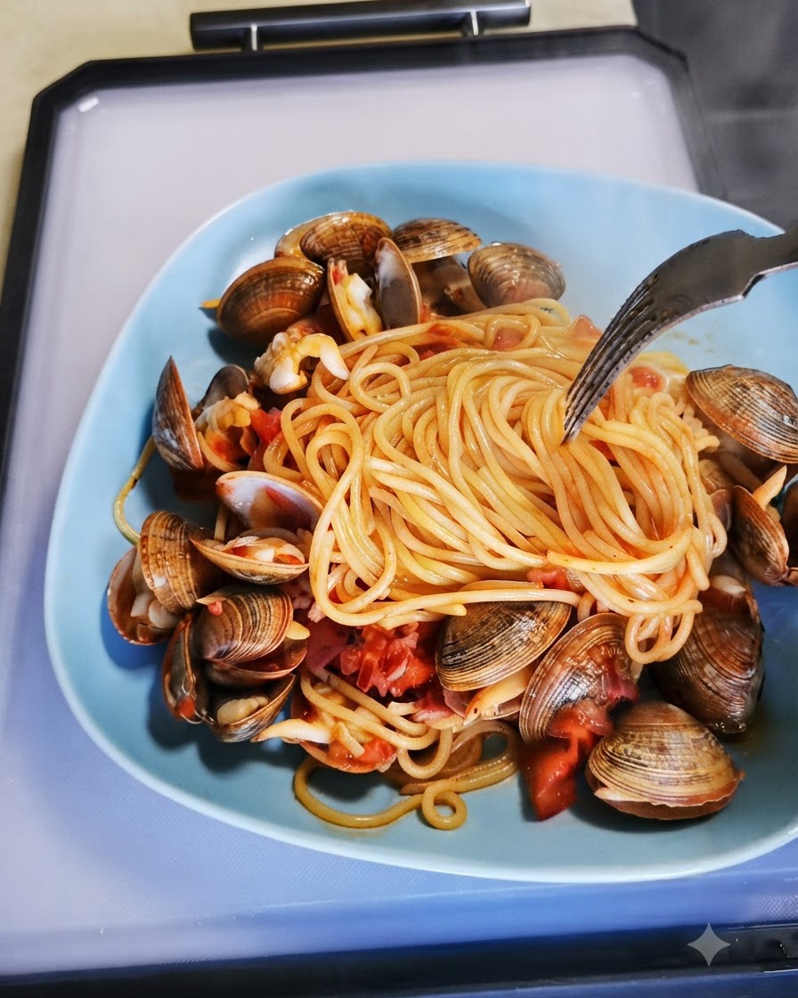 Patelnia przykryta pokrywką podczas gotowania świeżych małży i pomidorów na kuchence.
