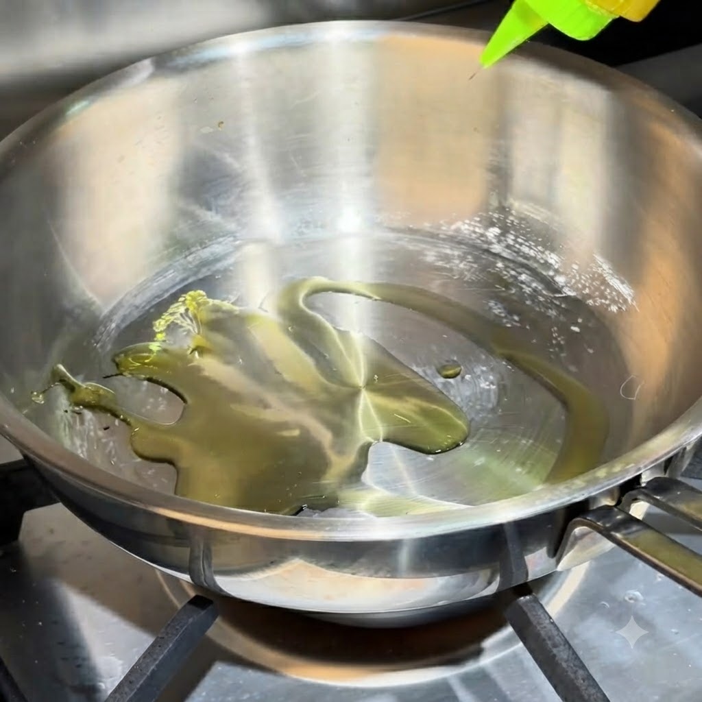 Oliwa z oliwek zbierająca się na rozgrzanej patelni z czosnkiem i papryczkami chili.