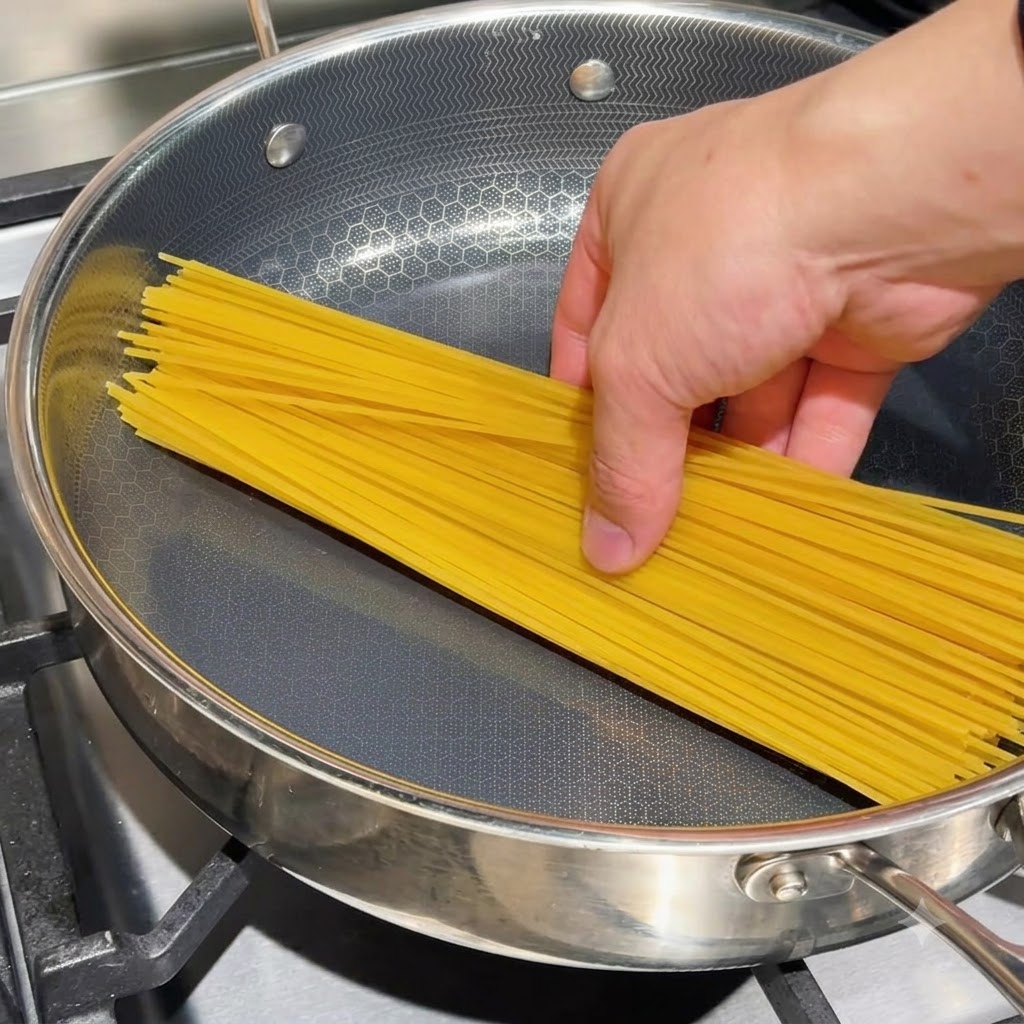 Suche nitki makaronu spaghetti leżące płasko na patelni ze skoncentrowanym bulionem z małży polanym na wierzch.