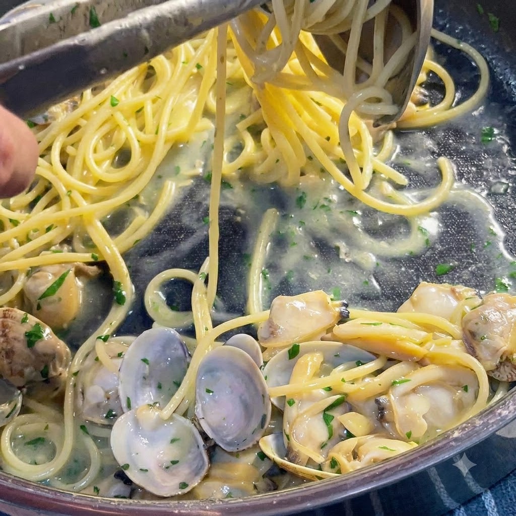 Bulion nalewany chochelką na patelnię z gotującym się spaghetti, małżami i pietruszką.
