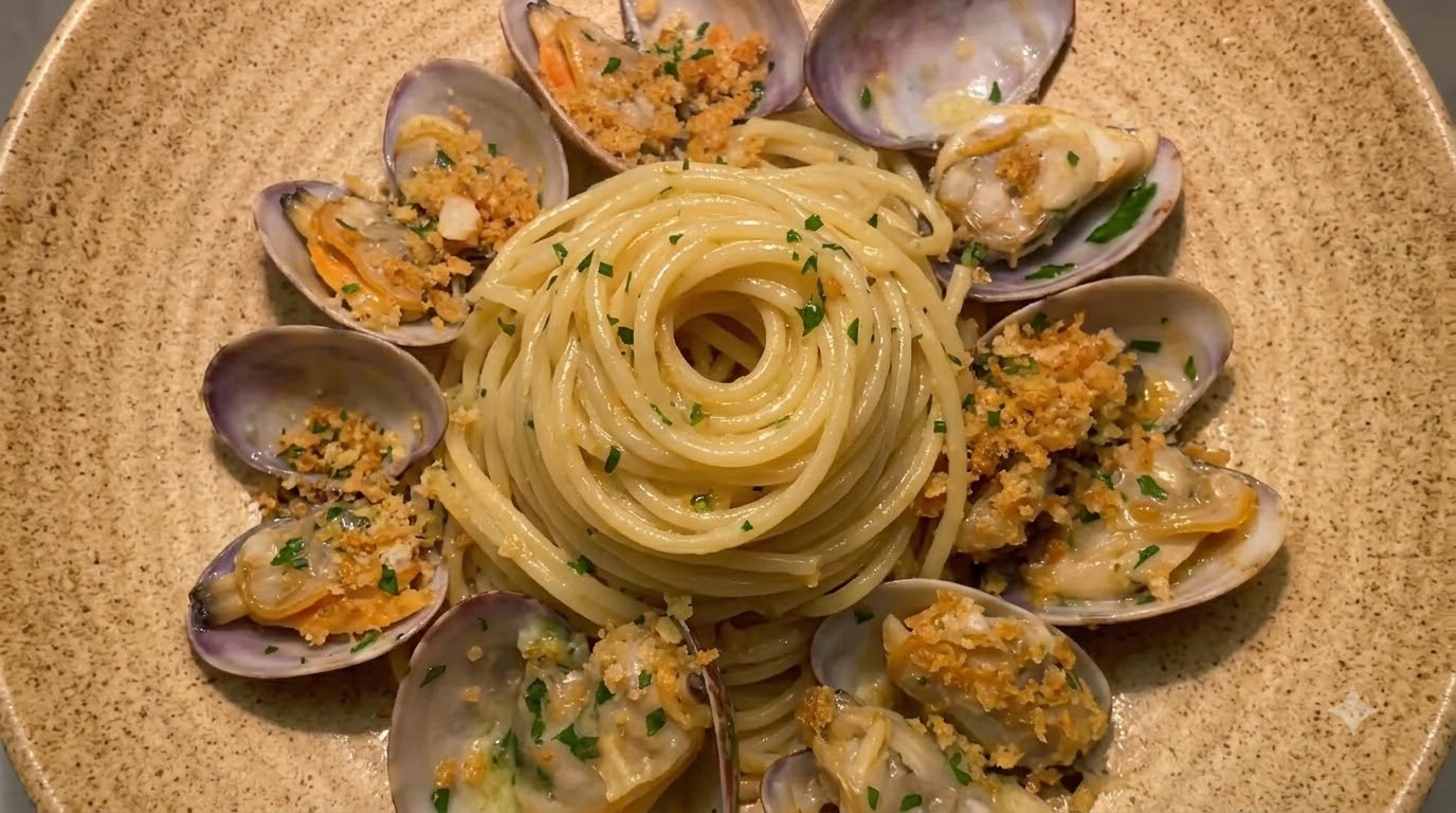 Klasyczne spaghetti z małżami i chrupiącą bułką tartą z czosnkiem