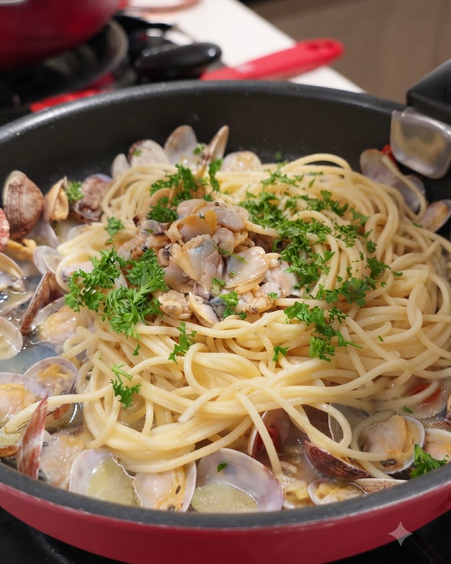 Patelnia ze spaghetti i małżami obficie posypana świeżą posiekaną zieloną natką pietruszki.