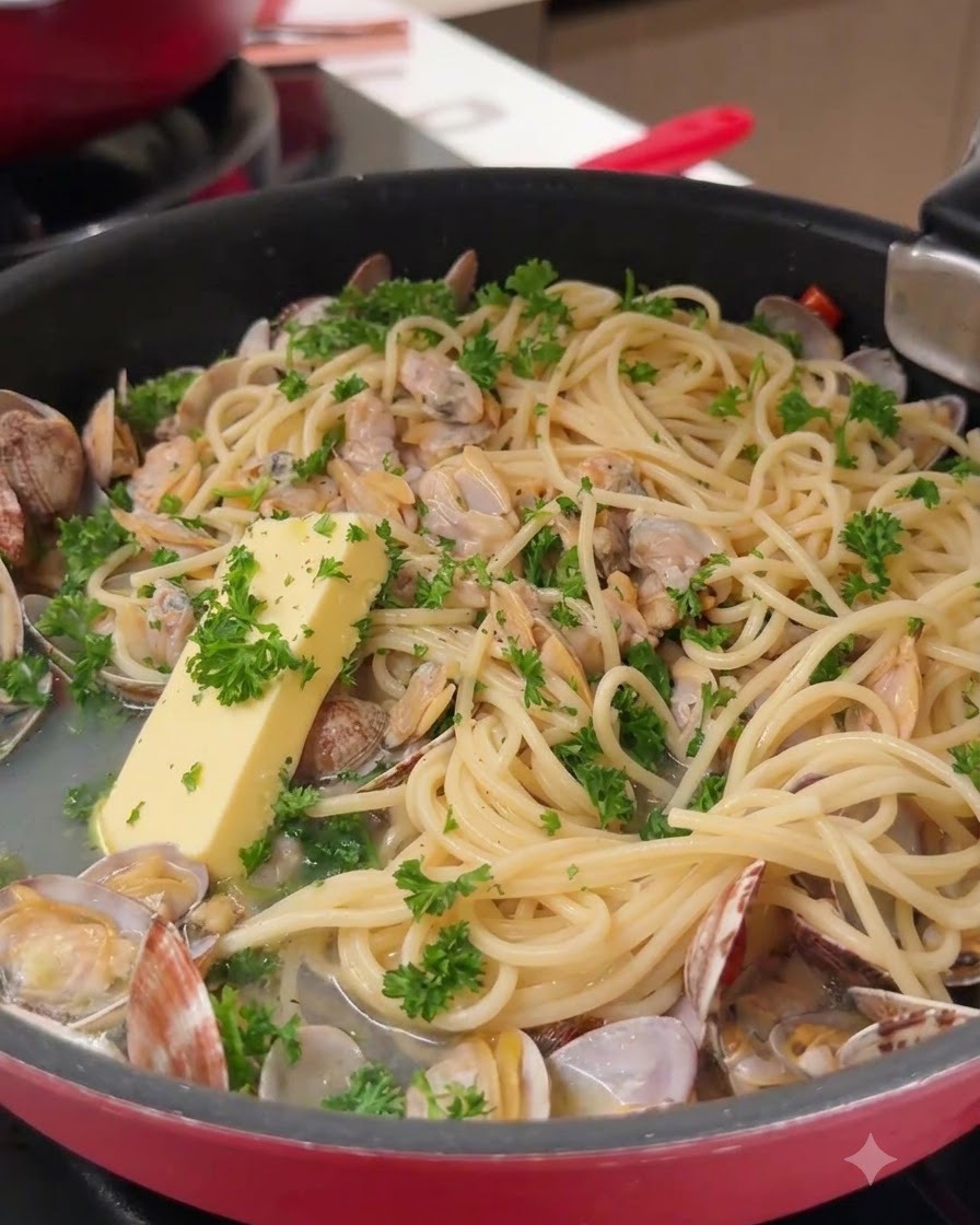 Kawałek żółtego masła spoczywający na wierzchu spaghetti i małży na patelni.