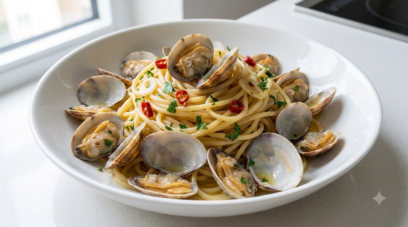Talerz spaghetti z małżami, czerwonym chilli i natką pietruszki w białej misce