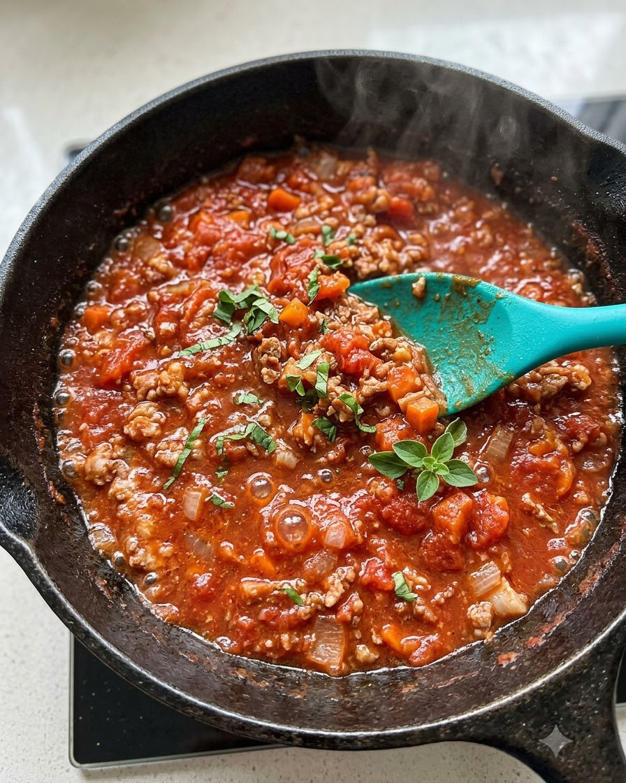 Chochla nakładająca gorący sos pomidorowo-mięsny na porcję ugotowanego makaronu spaghetti na białym talerzu.