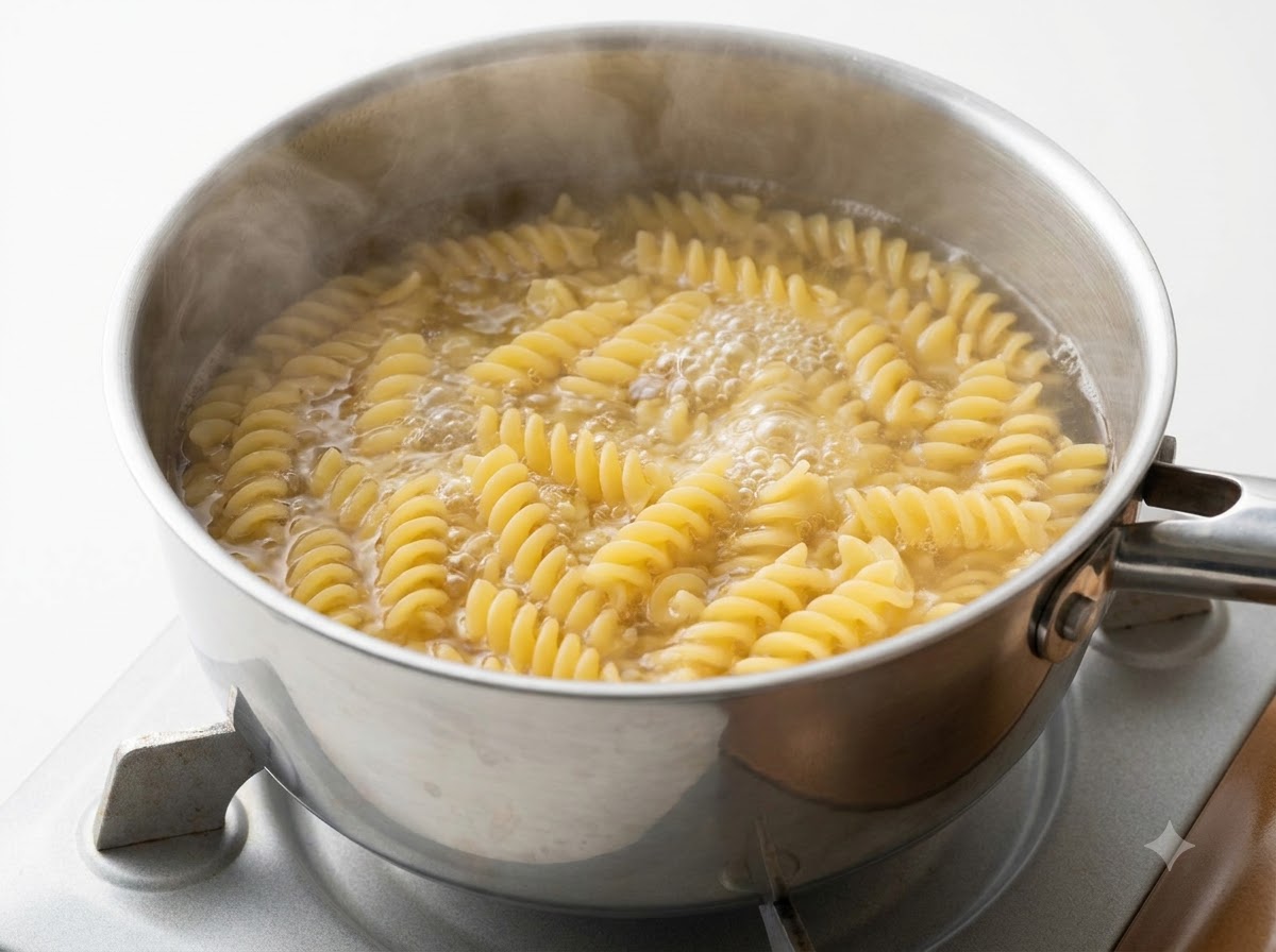 Makaron fusilli gotujący się w garnku ze stali nierdzewnej z gorącą wodą, nad powierzchnią unosi się para.