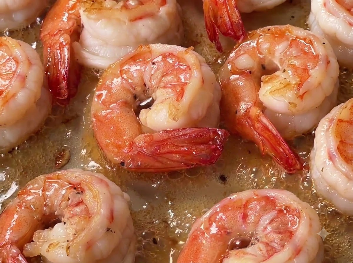 Ugotowany makaron fusilli wrzucany do patelni z świeżo usmażonymi krewetkami.