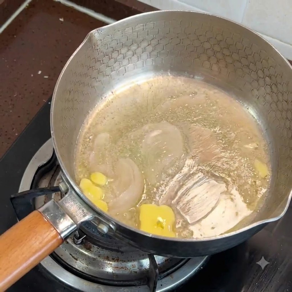 Un morceau de beurre fondant dans une poêle chaude sur la cuisinière.