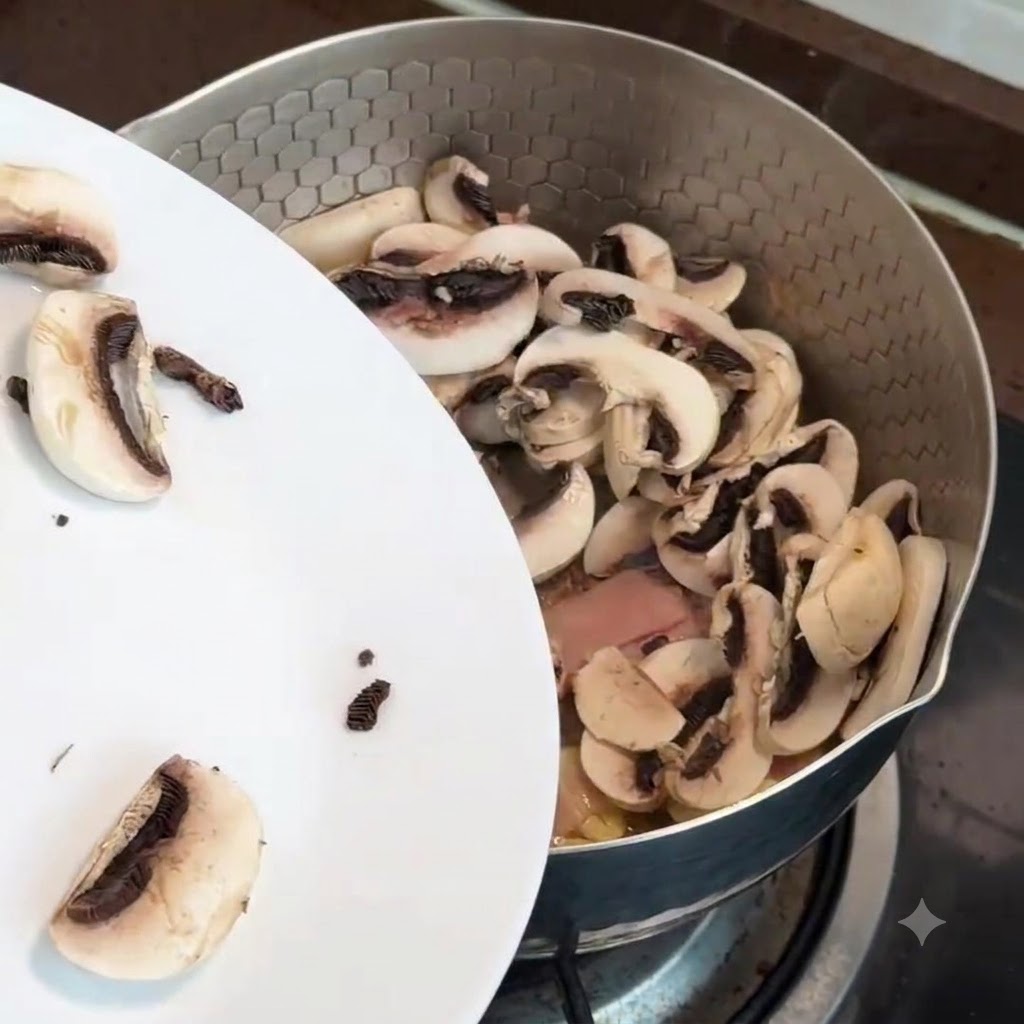 Des champignons tranchés versés dune assiette blanche dans une poêle contenant le bacon et lail.