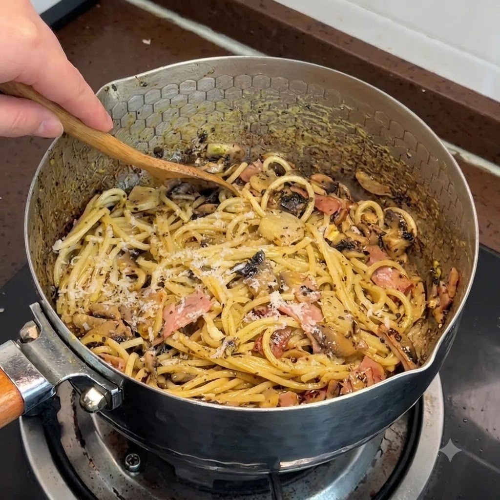 Du fromage frais râpé directement sur des pâtes chaudes mélangées avec des champignons et du bacon dans une poêle.